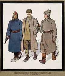 Vangittu viedään vallankumoustuomioistuimeen; Histoire des Soviets, pub. 1922 (väri litho)