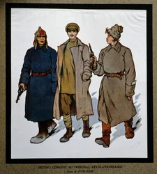 Venäjä vuoden 1917 vallankumouksen jälkeen: "Vallankumouksellisen tuomioistuimen eteen tuotu detenu". Piirustus Boris Zvorykin (1872-1935). Sosiaalihistorian instituutti, Montreuil