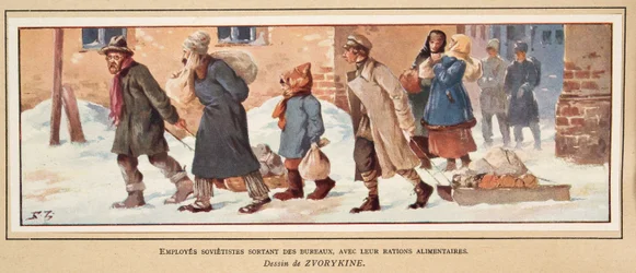 Neuvostotyöläiset lähtevät toimistosta ruoka-annoksineen, Histoire des Soviets -pubista. 1922 (väri litho)