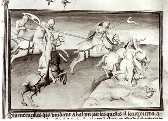 Käsikirjoitus Fr. 2810: Mongolijohtaja Hülegü, Il-kaanien valtakunnan kaani, ajaa vuonna 1262 takaa serkkuaan Berkeä, kiptšakkien eli Kultaisen ordan kaania, ja pakottaa hänet jokeen, teoksesta "Maailman ihmeiden kirja", noin 1410