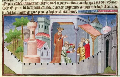 Ms Fr 2810, f. 17, Hassan i Sabbah johtaa vihkimyksiä Alamutissa ja antaa seuraajilleen huumattua viiniä, teoksesta "Livres des Merveilles du Monde", noin 1410-12