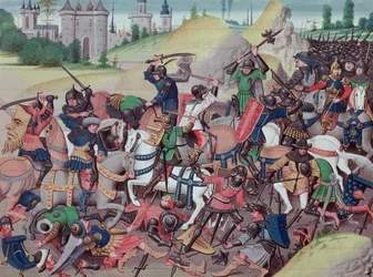 Ms 5089-90 Saraseenien ja kristittyjen välinen taistelu ristiretkien aikana, David Aubertin teoksesta "Chroniques des empereurs", 1462