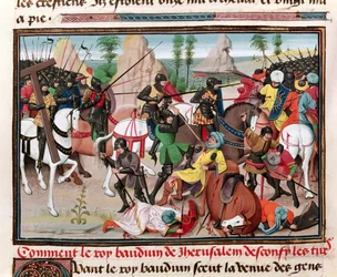 Ms 5089-90 Taistelu kuningas Baldwin I:n (n. 1058-1118) ja turkkilaisten välillä, David Aubertin Chroniques des mpereurs, 1462