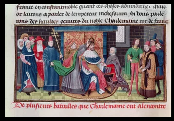Ms 5089-90 Paavi pyhän Leo III:n (k. 816) suorittama keisari Kaarle Suuren (747-814) kruunaus jouluaattona vuonna 800 jKr., David Aubertin teoksesta Chroniques des Empereurs, 1462