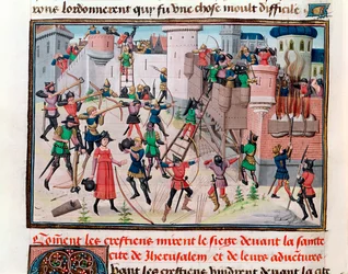 Ms 5089-90 Jerusalemin piiritys kristittyjen toimesta yhden ristiretken aikana, David Aubertin kirjasta Chroniques des mpereurs, 1462