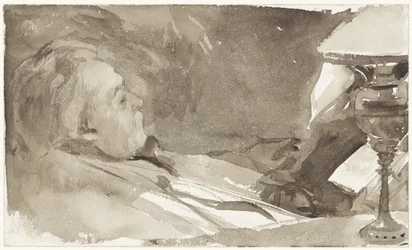 Muotokuva Alphons Marie Antoine Joseph Grandmontista lukemassa lampun ääressä