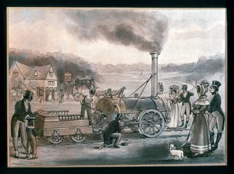 Taiteellinen jäljennös Robert Stephensonin "Northumbrian" -aluksesta (värikaiverrus).