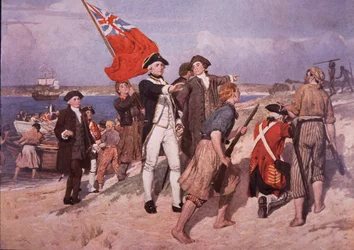 Kapteeni James Cook laskeutuu Australiaan (värilitho)