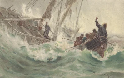 Kapteeni ja hänen uskollinen koiransa putoavat haaksirikkoutuneen aluksen mukana, kun miehistö pakenee (väri litho)