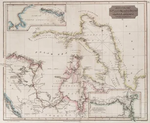 Kartta, jossa esitetään Rossin, Parryn ja Franklinin löytöjä arktisella alueella vuosina 1818-1827, noin 1830 (värillinen kaiverrus).
