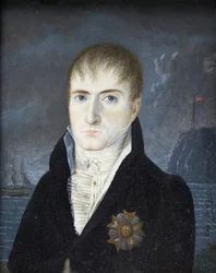 Keisari Saint Helenan saarella - Muotokuva keisari Napoleon I:stä avopäin, mustassa puvussa ja Kunnialegioonan suurristin rintatähti rinnassaan - Napoleon Bonaparten muotokuva Saint Helenan saarella, Captain Dodginin tekemä (toiminnassa)