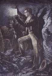 Humphry Davy Davy-turvalampulla kaivostyöläisille, keksitty vuonna 1815 (käsinvärinen puukaiverrus)