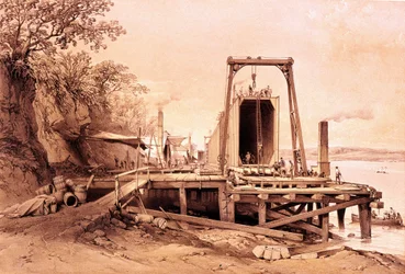 Teollinen vallankumous: esivalmistetun sillan asennus. Kaiverrus "Britannia ja Conway Tubular Bridges"