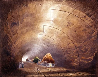Teollinen vallankumous: rautatietunneli Manchesterin ja Liverpoolin välisellä linjalla. Kilpi otettu "" Liverpool and Manchester Railwaysta", Lontoo 1832.