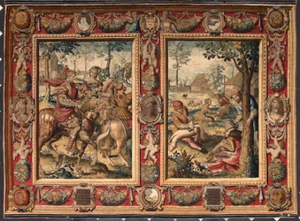 Toukokuu ja kesäkuu: "metsästys ja lampaiden niitto" Gobeliini Mortlaken tehtaista. 1600-luvun Genes, Musei di Strada Nuova.