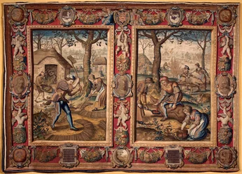 Marras- ja joulukuu: ”” maataloustyöt ja sikojen teurastus”” Mortlaken valmistajien kuvakudos. 1600-luvun Genes, Musei di Strada Nuova