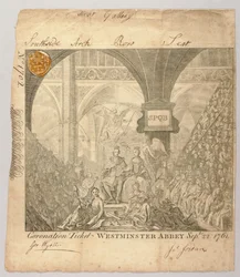 Pääsylippu Yrjö III:n kruunajaisseremoniaan Westminster Abbeyssa, kaivertanut George Bickham, 22. syyskuuta 1761