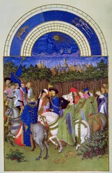 Toukokuun faksimile: Courtly figures on Horseback, teoksesta "Les Tres Riches Heures du Duc de Berry" (vellum) (alkuperäinen katso 8437)