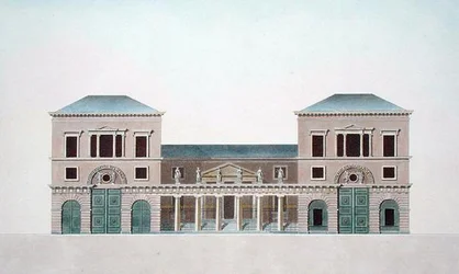Matotehdas Tournaissa Pierre Jacques Goetghebuerin teoksesta "Alankomaiden kuningaskunnan merkittävimpien monumenttien, rakennusten ja talojen valinta", kirjailijan kaiverrus, julkaistu 1827 (akvatinta)