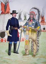 Oglala-siouxien päällikkö Red Cloud tarjoaa rauhanpiippua Yhdysvaltain ratsuväen 5. rykmentin upseerille Fort Laramien sopimuksen allekirjoittamisen yhteydessä vuonna 1868, kuudesta taulukosta koostuvasta sarjasta.
