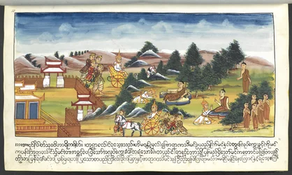 Mss Burmese 202, f.11 Jumaluudet maisemassa, "Buddhan syntymätarinoista" (akvarelli paperille)