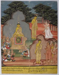 Matkalla peurapuistoon Buddha tapasi viisi askeettia (keskellä vasemmalla); hirvipuistossa hän saarnasi ensimmäisen saarnan.
