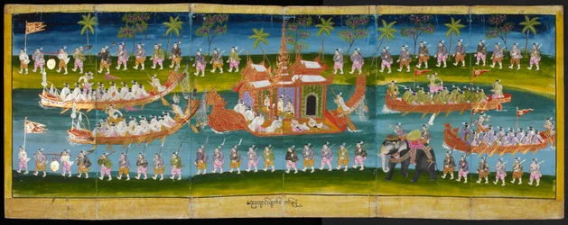 Parabaik-kuva, jossa näkyy kuninkaallinen festivaali vedessä, Royal Barge -kulkue, tai 16761, f. 35r (paperin taittokirja)