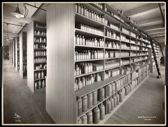 Parke, Davis und Co.:n kemikaalien varastohuoneen sisäkuva, kemistit, Hudson und Vestry Streets, New York, 1910 (hopeagelatiiniprintti)