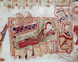 Bysanttilainen taide: "" Syntymä ja julistus paimenille"" Miniatyyri otettu "" Exultetista"" 1000-luvun alusta Museo Diocesano, Gaeta