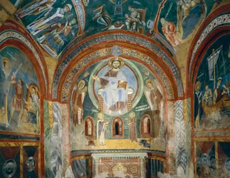 Pyhän Eldradin ja pyhän Nikolauksen kappeli, jossa on bysanttilaistyylisiä romaanisia freskoja, 1000-luvun loppu, Novalesan luostari, Piemonte, Italia