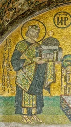 Keisari Justinianus esittelee Hagia Sofian Neitsyt Marialle ja Jeesus-lapselle