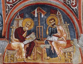 Evankelistit Luukas ja Matteus kirjoittavat evankeliumia, Karanlik Kilise (Pimeä kirkko) (1100-1200-luku), Goreme (Unescon maailmanperintöluettelo)