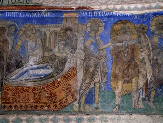 Simon Pietarin anopin ja halvaantuneen miehen paraneminen, bysanttilainen fresko (1100-luku), Tokali Kilise (solkikirkko) (1100-1300-luku), Goreme (Unescon maailmanperintöluettelo)