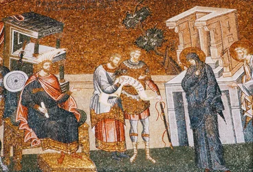 Maria & Joseph ennen Cyremiuksen ilmoittautumista verotukseen, vartijan, kirjurin ja upseerin kanssa, n. 1300-luku (mosaiikki) (yksityiskohta vuodelta 119636)