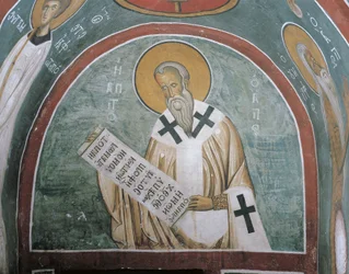 Maalauksia kirjettä pitelevästä pyhimyksestä, pyhä Ignatios Antiokialainen, Panagia tou Araka, Lagoudera, Kypros