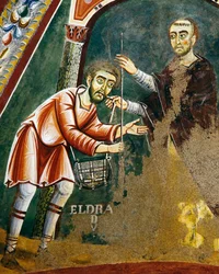 Saint Eldrad lähdössä Santiago de Compostelaan, yksityiskohta Saint Eldradin elämäntarinoista, romaaninen fresko, bysanttilainen tyyli, 1000-luvun loppu, Pyhän Eldradin ja Pyhän Nikolauksen kappeli, Novalesan luostari, Piemonte, Italia.