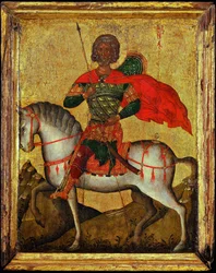 Saint Menas (Minas, Mina, Mena, Mennas, 285-309) hevosen selässä - Bysantin ikoni. Tempera paneelissa, 1400-luvun puoliväli. Mitat : 27,3x22 cm Ikonen Museum Recklinghausen