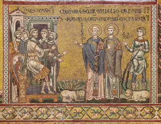 Pyhä Cassius ja St Casto ennen keisaria, bysanttilainen mosaiikki, XII-XIII vuosisata, vastajulkisivulla (mosaiikki)