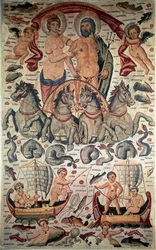 Bysantin taide: Neptunuksen ja amfitriitin voitto. Neptunus ja Amphitrite alasti neljän merihevosen ampumassa panssarivaunussa. 3. vuosisadan mosaiikki. Mitat: 3,1x1,96m. Louvre-museo, Pariisi