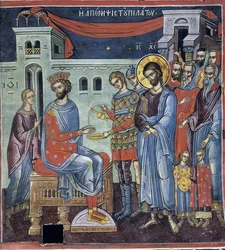 Ponce Pilate se lavant les mains - Pilatus pesee kätensä - Bysantin mestari - 1500-luku - Fresko - Dionysioun luostari, Athos-vuori