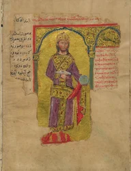 Aleksanteri Suuri Bysantin keisaripuvussa Aleksanteri-romantiikan miniatyyri, 1300-luku