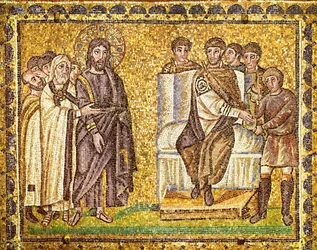 Kristus Pilatuksen edessä, joka pesee kätensä, ylipappeja ja roomalaisia sotilaita, 6. vuosisata (mosaiikki).