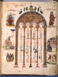 F.4v, kaanonin pöydät, Rabulan evankeliumeista, 586 jKr (tempera vellum)