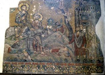 Jeesus astuu Jerusalemiin palmusunnuntaina, syntymäkirkko, Betlehem (mosaiikki).