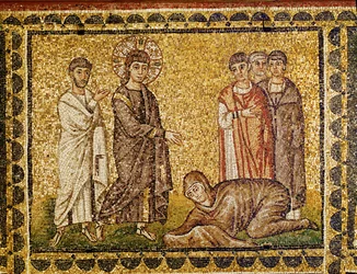 Jeesus parantaa hemofiilisen naisen apostolin ja kolmen muun henkilön läsnä ollessa, 6. vuosisata (mosaiikki).