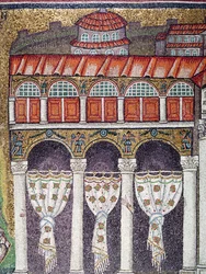 Palazzo di Teodoricon vasen siipi, 527-99 (mosaiikki) (224988:n yksityiskohta)