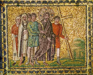 Ristin kantaminen. Kristus, sotilaat ja ylipapit matkalla Golgatalle, 6. vuosisata (mosaiikki).