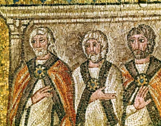 Kolme Sanhedrinin jäsentä, yksityiskohta kuvasta "Jeesus Kaifaan edessä", 6. vuosisata (mosaiikki).