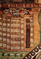 Jerusalemin näkymä (yksityiskohta mosaiikista, 6. vuosisata)