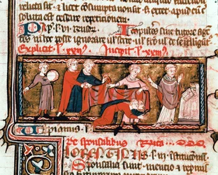 Hääkohtaus, puolisot on peitetty liinalla, joka on heidän liittonsa symboli Pienoiskuva Justinianuksen koodeksista (Codex Justinianus), joka on Rooman keisari Justinianus I:n (483-565) johdolla uudelleen koottu lakien ja instituutioiden kokoelma ms. 824 Mi